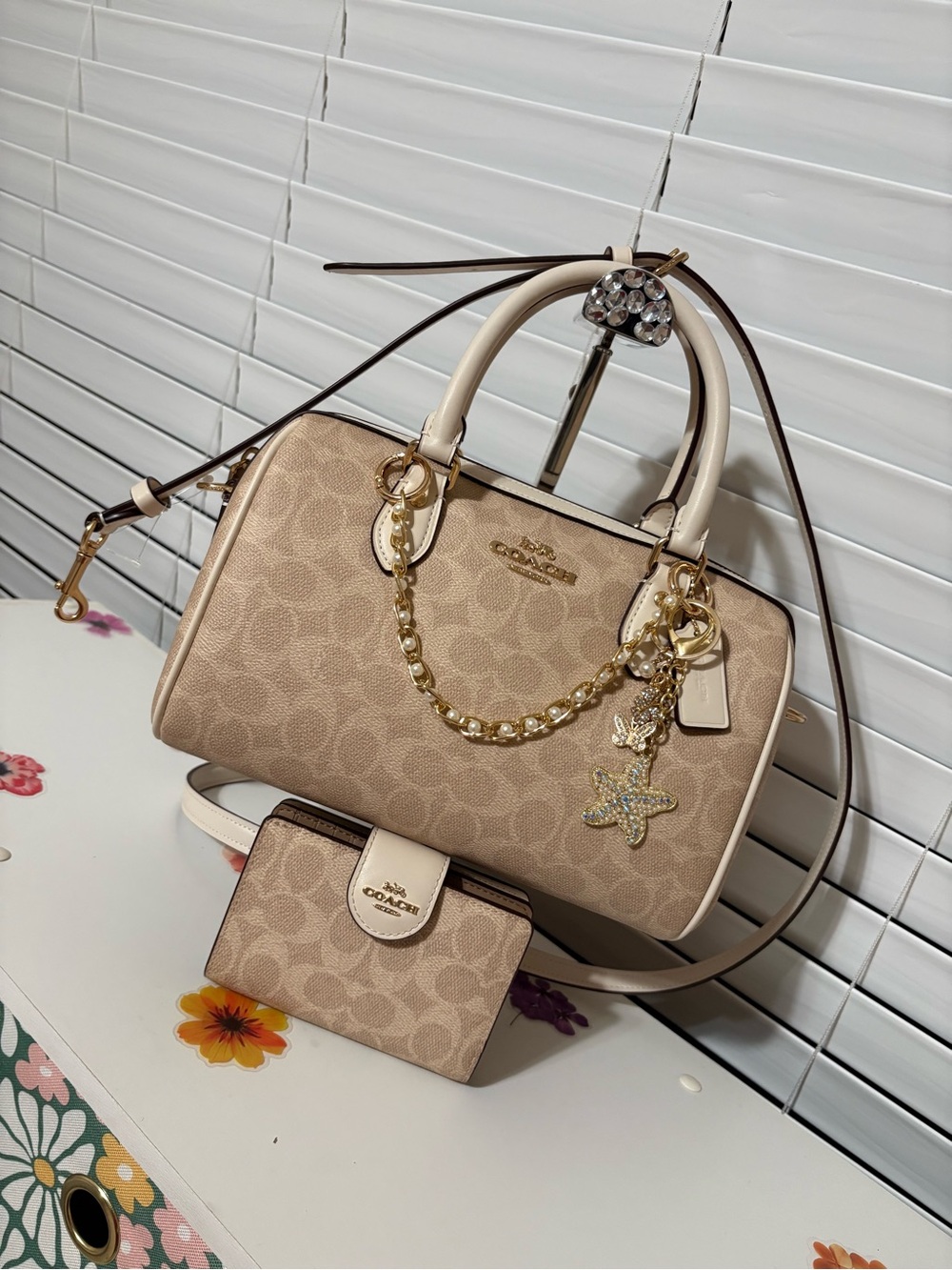 New Coach Rowan Satchel Signature Sand/Chalk Set